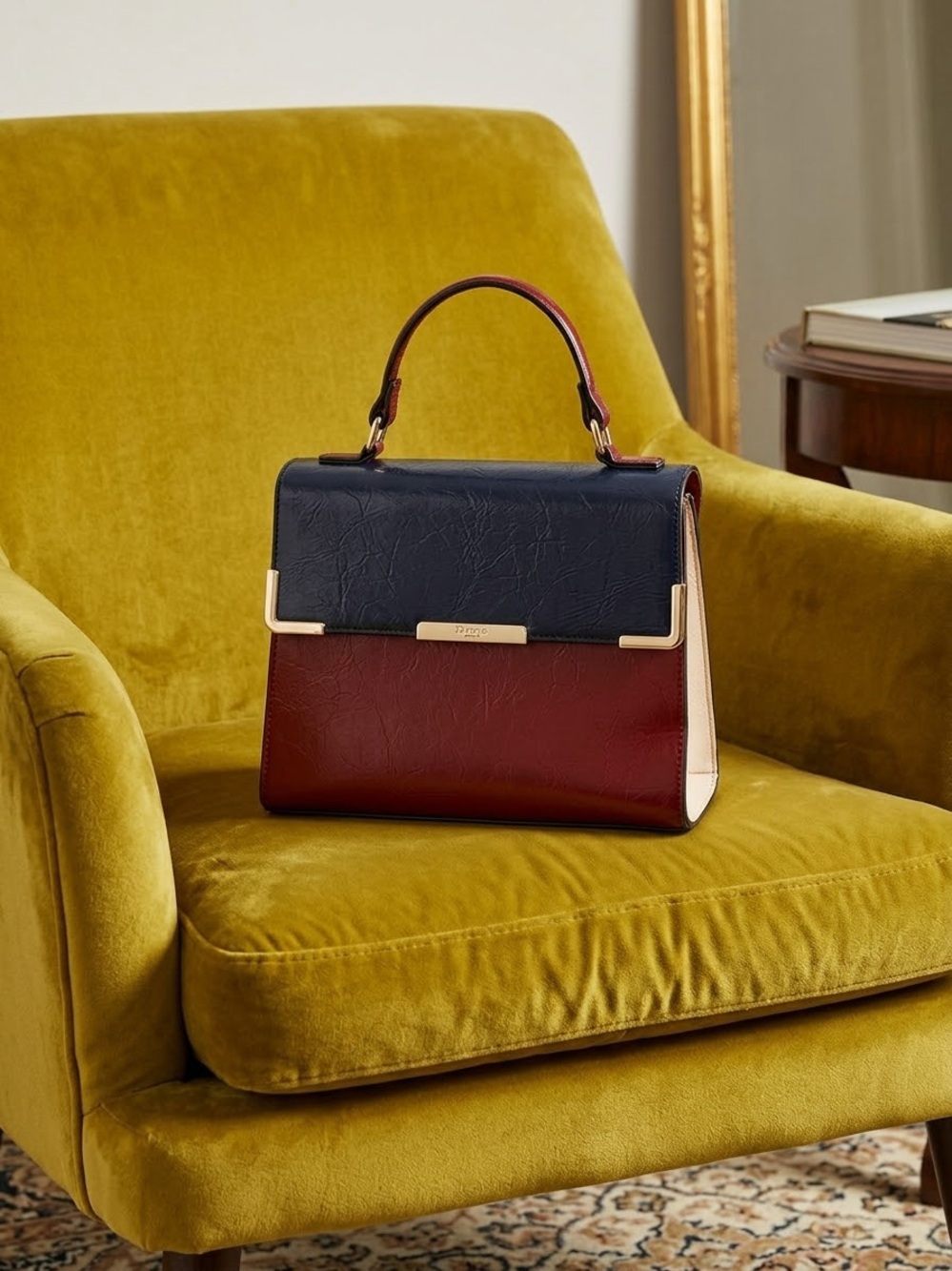 Dune London Colorblock Satchel Top-Handle Bag in Navy and Burgundy cream